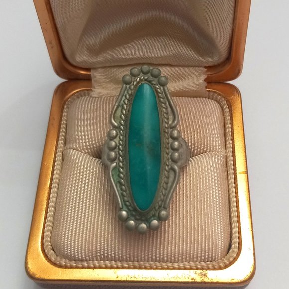 Jewelry - Antique Navajo Silver Ring with Long Turquoise Gemstone
